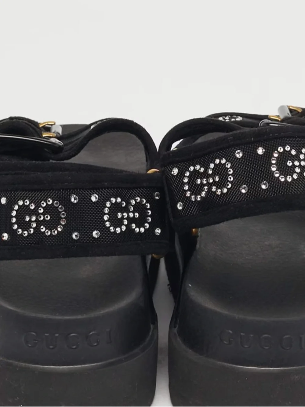 Gucci Black Mesh and Suede GG Crystal Embellished Platform Sandals 37 - Picture 5 of 6